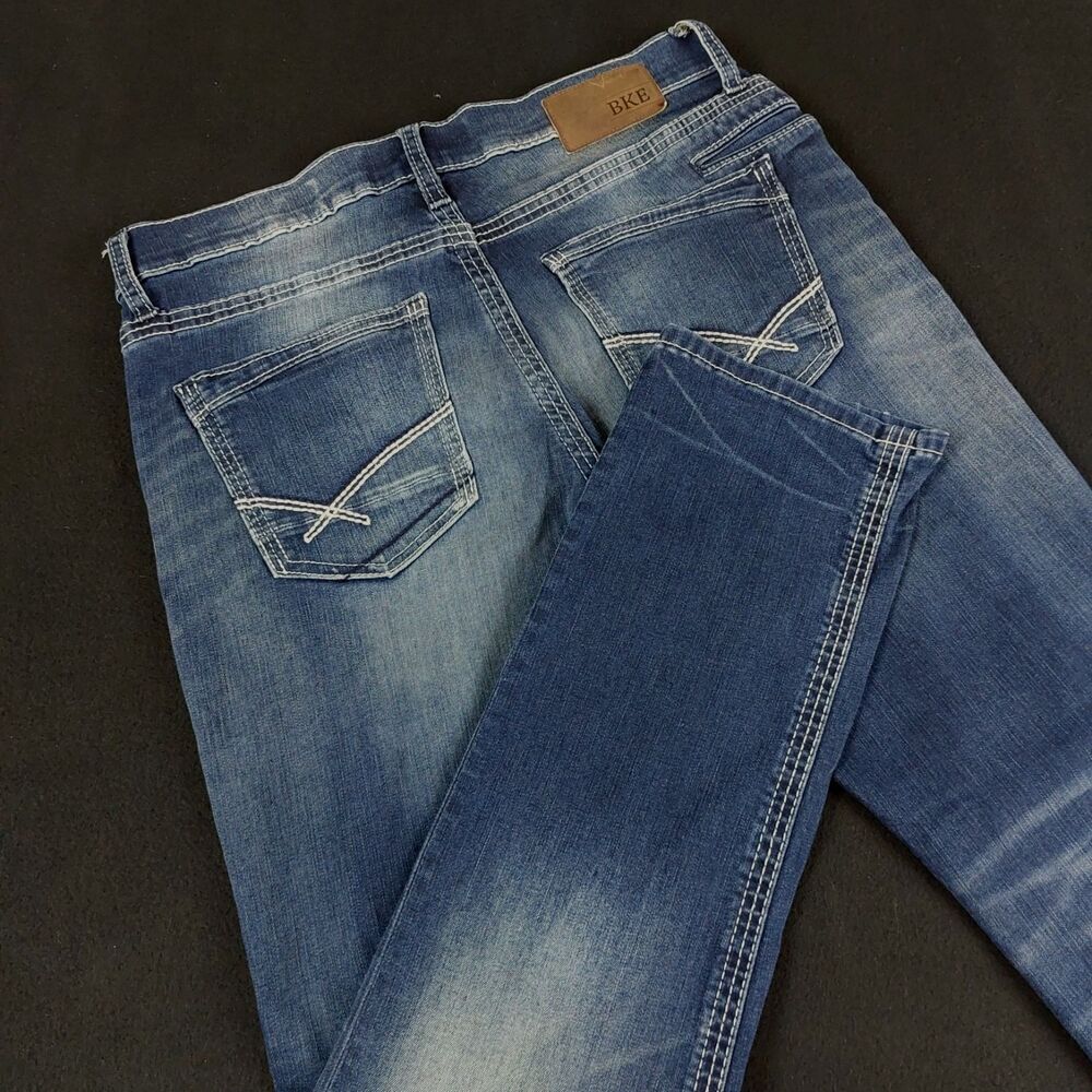 BKE Jake Straight Leg Jeans Mens 36R (Fit 36x32) Blue Whiskered Utility Pocket